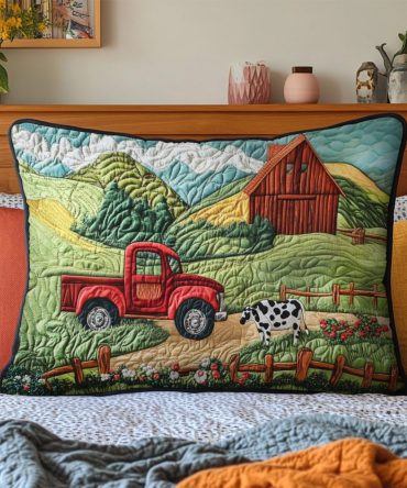 Farm Fresh Quilted Pillow Cover With Country Farmhouse Prints, Cozy Cotton-Blend Accent Sham, Perfect Rustic Home Decor, Machine Washable