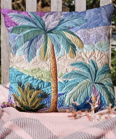 Sunset Palms Quilted Decorative Pillow Cover – Tropical Sunset Cushion, Soft Quilted Cotton Blend, Machine-Washable Accent For Indoor/Outdoor