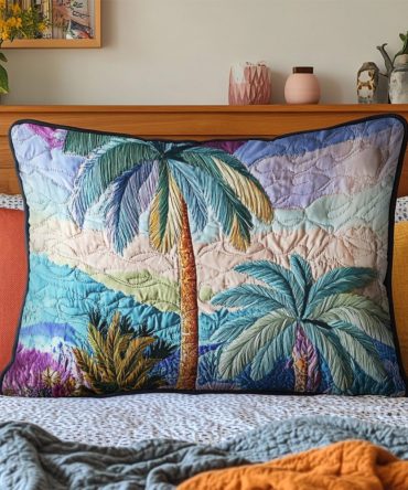 Sunset Palms Quilted Pillow Case — Tropical Sunset Decorative Pillow Cover, Warm Quilting For Dramatic Coastal & Boho Bedrooms