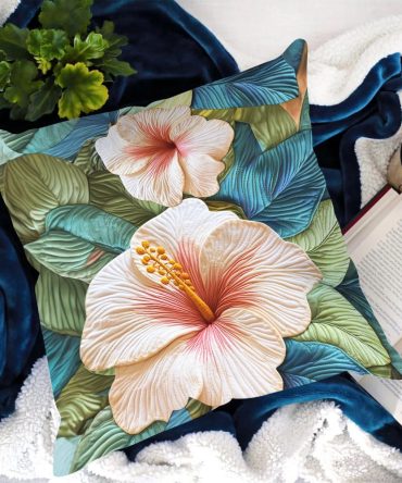 Hibiscus Bloom Quilted Throw Pillow Cover – Floral Tropical Decorative Cushion, Soft Quilted Cotton Blend, Easy-Care Machine-Washable