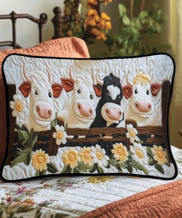 Country Meadow Quilted Pillow Cover — Meadow Moo Decorative Throw Pillowcase, Charming Cow Motif For Farmhouse & Kids’ Rooms