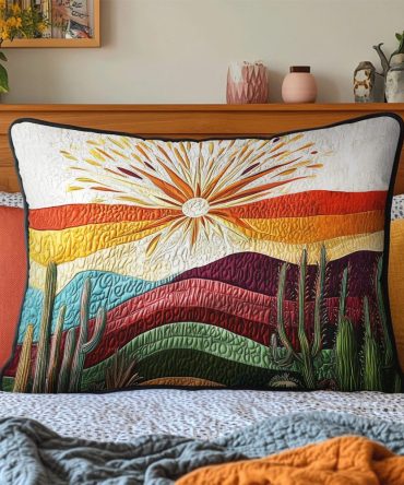 Desert Sunset Quilted Pillow Cover — Cactus Silhouette At Dusk, Warm Southwestern Decorative Pillowcase For Boho, Patio & Living Rooms
