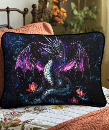 Midnight Dragon Quilted Pillow Cover — Mystic Asian Dragon Embroidery, Dark Fantasy Decorative Case For Bedroom, Gaming & Themed Rooms