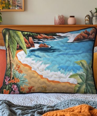 Beach Haven Quilted Decorative Pillowcase - Coastal Stripe Cotton Pillow Cover, Relaxing Seaside Bedroom Accent, Washable
