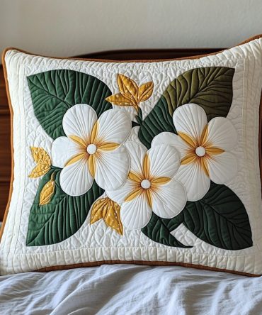 Serene Plumeria Quilted Pillow Case — Tropical Floral Decorative Pillow Cover, Luxurious Quilting For Calm, Elegant Bedrooms