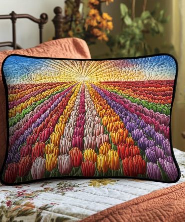 Colorful Tulips Quilted Pillow Cover – Bright Floral Decorative Throw Case, Soft Cotton Blend, Machine Washable With Hidden Zipper For Spring Style