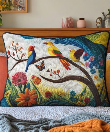 Birds Delight Quilted Decorative Pillowcase - Colorful Bird Cotton Pillow Cover, Vibrant Nature-Themed Bedroom Accent