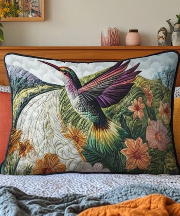 Hummingbird Flight Quilted Decorative Pillowcase - Delicate Bird Cotton Pillow Cover, Garden Bedroom Accent, Easy Care