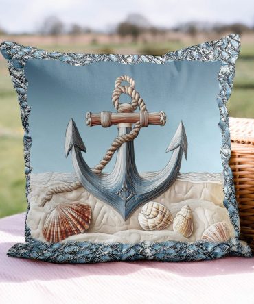 Anchored Nautical Quilted Throw Pillow Cover — Coastal Lighthouse Accent Cushion, Durable Textured Fabric For Beach-Style Décor