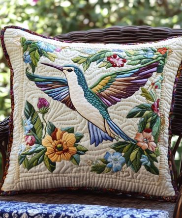 Hummingbird Quilted Throw Pillow Cover — Botanical Accent Cushion With Bird Motif, Soft Quilting For Garden-Inspired Home Styling