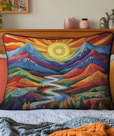 Mountain Glow Quilted Pillow Cover — Rustic Alpine Scene, Hand-Stitched Quilting, Durable Cotton-Blend, Cozy Decorative Pillow Accent