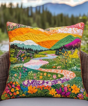 River Blossom Quilted Throw Pillow Cover — Serene Floral Cushion, Watercolor-Inspired Design, Soft Layered Accent For Calm Interiors