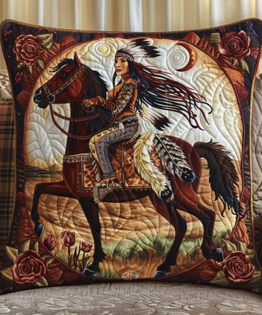 Native Horse Quilted Pillow Cover - Cultural Equestrian Throw Case, Warm Earth Tones, Boho Southwest Home Accent