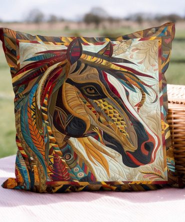 Native Canter Quilted Horse Pillow Cover — Rustic Equestrian Quilt Throw Case For Country, Western & Farmhouse Living Spaces