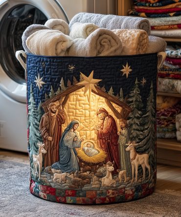 Nativity Glow Quilted Hamper — Elegant Nativity Scene Laundry Basket, Quilted Holiday Storage With Reinforced Bottom & Soft Handles