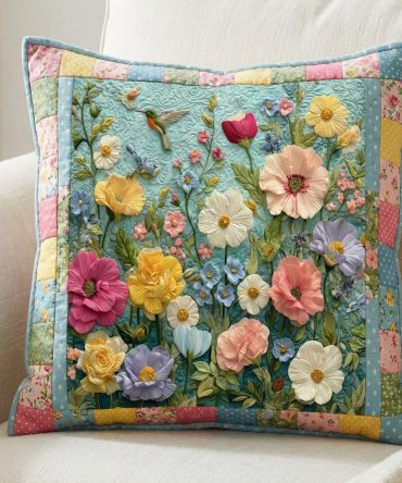 Nature Garden Quilted Pillow Cover - Botanical Cotton Sham With Green Floral Print For Eco Friendly & Cottage Bedroom Styling