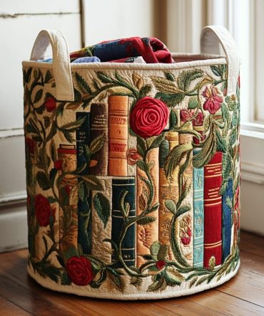 Nature Books Quilted Laundry Basket — Literary Botanical Fabric Hamper With Handles, Foldable Decorative Storage For Home Libraries & Bedrooms