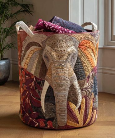 Nature Elephant Quilted Laundry Hamper - Boho Animal Print Collapsible Fabric Storage Basket With Sturdy Handles