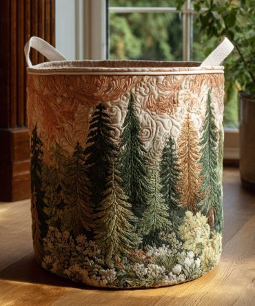 Nature Path Quilted Fabric Laundry Hamper — Large Foldable Clothes Basket With Handles, Scenic Trail Design For Home & Dorm Rooms