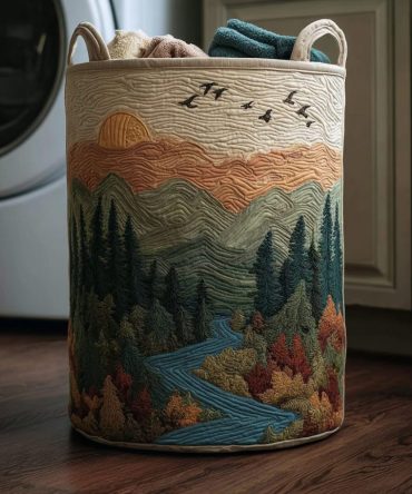 Nature Scene Quilted Laundry Hamper – Scenic Quilted Foldable Laundry Basket For Home, Cabin, Nursery & Gift Giving