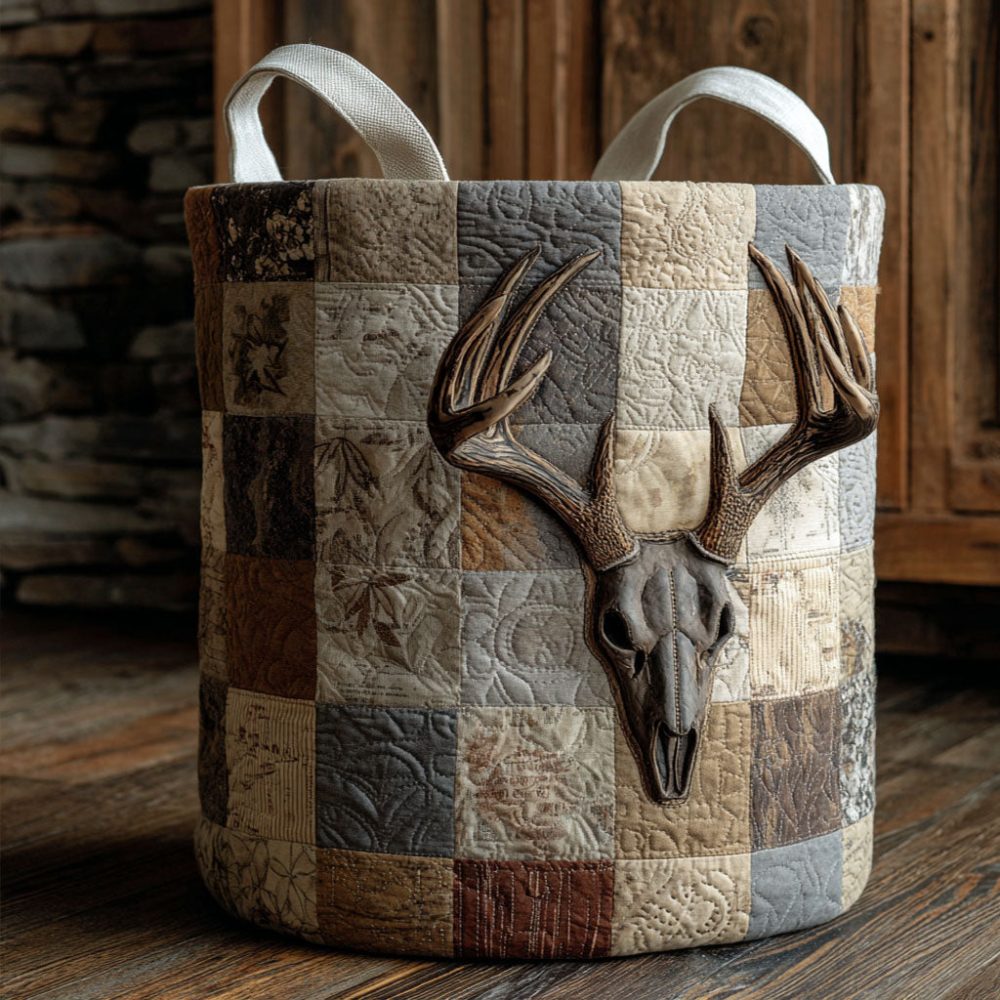 Nature Stag Quilted Laundry Hamper — Nature-Inspired Quilted Fabric Basket, Collapsible Laundry Organizer With Comfortable Carry Handles