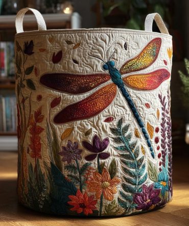 Nature Wings Quilted Laundry Hamper — Botanical Feather Motif Fabric Basket With Handles, Foldable Eco-Inspired Laundry Storage Bin
