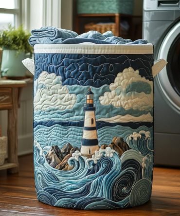 Nautical Glow Quilted Storage Hamper — Coastal Laundry Basket, Durable Fabric Hamper With Handles For Bathroom & Beach House