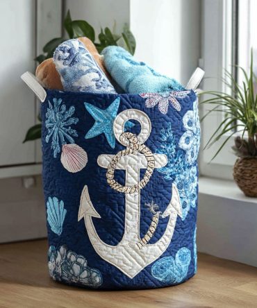 Nautical Knots Quilted Laundry Basket — Classic Rope-Print Foldable Hamper With Reinforced Handles For Coastal & Everyday Storage
