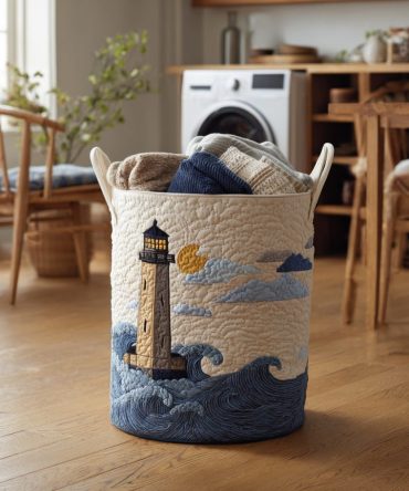 Nautical Lighthouse Quilted Laundry Hamper — Coastal Lighthouse Print Foldable Washable Laundry Basket For Beach House & Bath