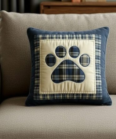 Navy Gingham Love Paw Quilted Pillow Cover — Charming Paw & Gingham Throw Pillowcase, Classic Country Accent For Pet-Friendly Homes