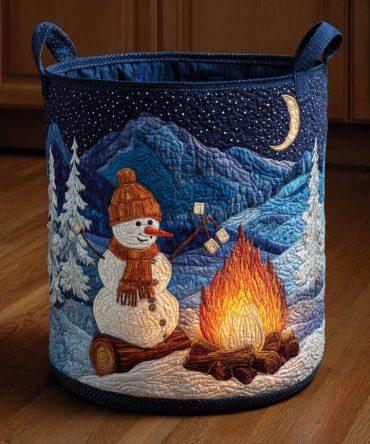 Navy Snowman Night Quilted Laundry Hamper - Dark Blue Snowman Print Storage Basket, Quilted Fabric Hamper For Cozy Bedrooms
