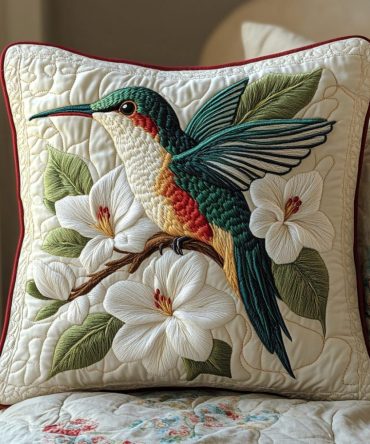Nectar Dance Quilted Pillowcase - Floral Hummingbird Motif, Lightweight Quilted Decorative Pillow Cover