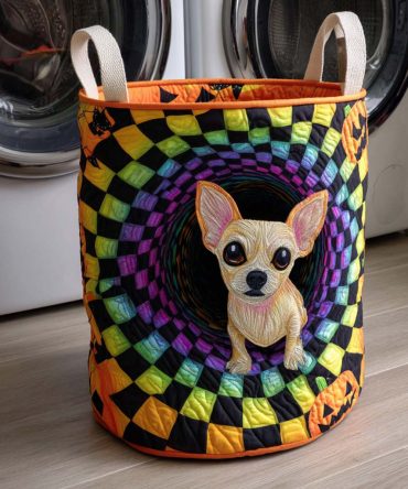 Neon Chihuahua Quilted Laundry Hamper — Bright Foldable Laundry Basket With Quilted Exterior, Large Capacity & Reinforced Carry Handles