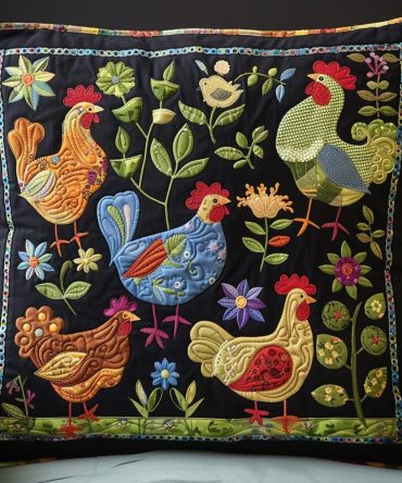 Nestled Hens Quilted Pillow Cover — Cozy Hen Motif Farmhouse Throw Pillow, Quilted Cotton Blend, Zippered Closure
