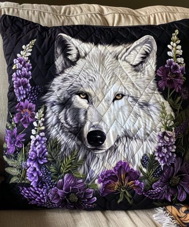 Night Floral Wolf Quilted Pillow Cover – Dark Botanical Wolf Throw Pillowcase, Elegant Floral Accent For Rustic & Modern Home Decor