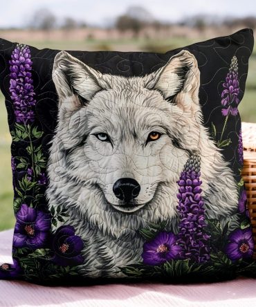 Moonlit Lupine Wolf Quilted Pillow Cover – Mystical Floral Wolf Throw Pillowcase, Dark Nature-Inspired Accent For Cabin, Lodge & Boho Spaces