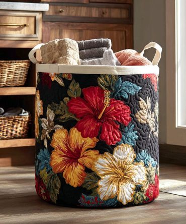 Night Blossom Quilted Laundry Hamper — Dark Floral Foldable Laundry Organizer With Sturdy Handles , Elegant Bedroom & Bathroom Storage