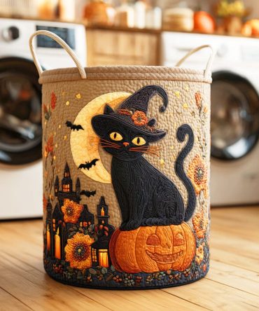 Midnight Cat Quilted Laundry Hamper — Stylish Black Cat Design Fabric Basket, Foldable Laundry Storage For Bedroom & Nursery