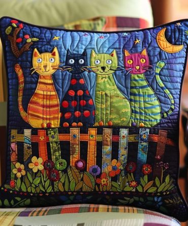 Midnight Cat Quilted Pillow Cover - Stylish Nighttime Cat Decorative Pillow Sham, Soft Quilted Cotton, Dramatic Accent For Modern Interiors