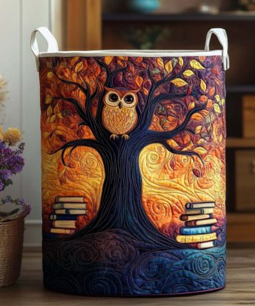 Night Owl Library Quilted Hamper — Cozy Foldable Laundry Basket, Large Soft Fabric Storage Bin With Handles & Easy-Clean Liner