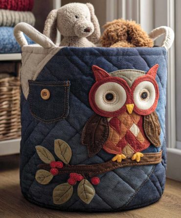 Night Owl Quilted Laundry Hamper — Elegant Nocturnal Print Foldable Fabric Basket With Handles For Bedroom, Nursery & Living Space Storage