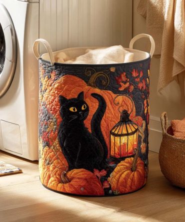 Compact Quilted Laundry Hamper — Night Prowler Theme, Foldable Durable Fabric Bin With Comfortable Carry Handles