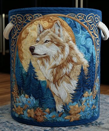 Night Wolf Quilted Laundry Hamper — Dark Accent Quilted Fabric Laundry Basket With Sturdy Handles, Collapsible Organizer For Bedroom Or Closet