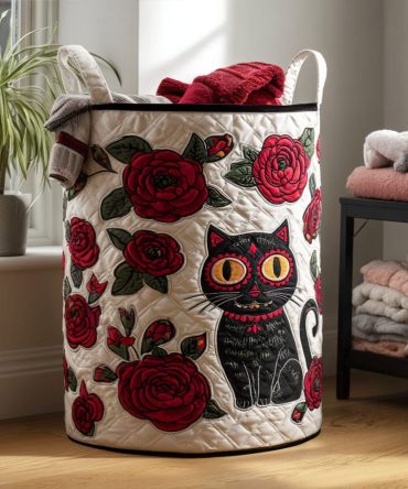 Nine Lives In Bloom Quilted Laundry Hamper — Floral Cat-Pattern Collapsible Fabric Basket With Handles, Decorative Pet Lover Storage Solution