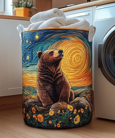 Noble Bear Quilted Storage Hamper — Elegant Woodland Pattern, Foldable Large Laundry Basket With Reinforced Carry Handles