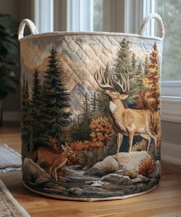 Elegant Noble Deer Quilted Laundry Hamper - Premium Padded Fabric Basket With Sturdy Handles, Classic Stag Motif For Stylish Home Storage