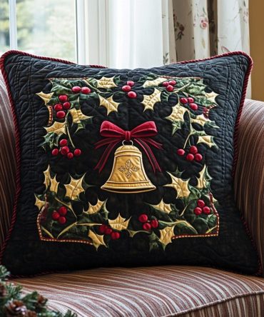Noel Bells Quilted Decorative Pillow Cover — Elegant Noel Bell Throw Pillowcase, Festive Christmas Accent For Sofa & Bed