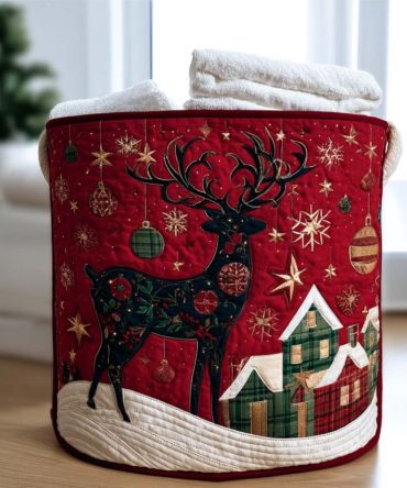Noel Reindeer Quilted Laundry Hamper - Classic Noel Motif Fabric Basket, Collapsible & Lined For Stylish Christmas Storage And Gifting