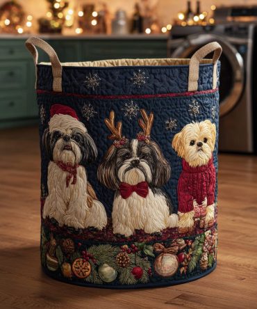 Noel Shih Tzu Quilted Laundry Hamper — Festive Holiday Shih Tzu Print Fabric Basket, Foldable, Gift-Ready & Durable Seasonal Organizer