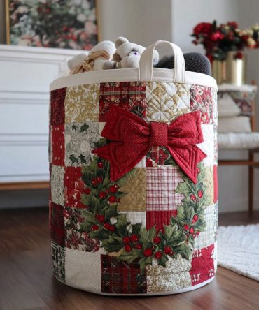 Noel Wreath Quilted Laundry Hamper - Festive Foldable Storage Basket With Padded Exterior & Strong Handles, Perfect For Holiday Organization & Gifts